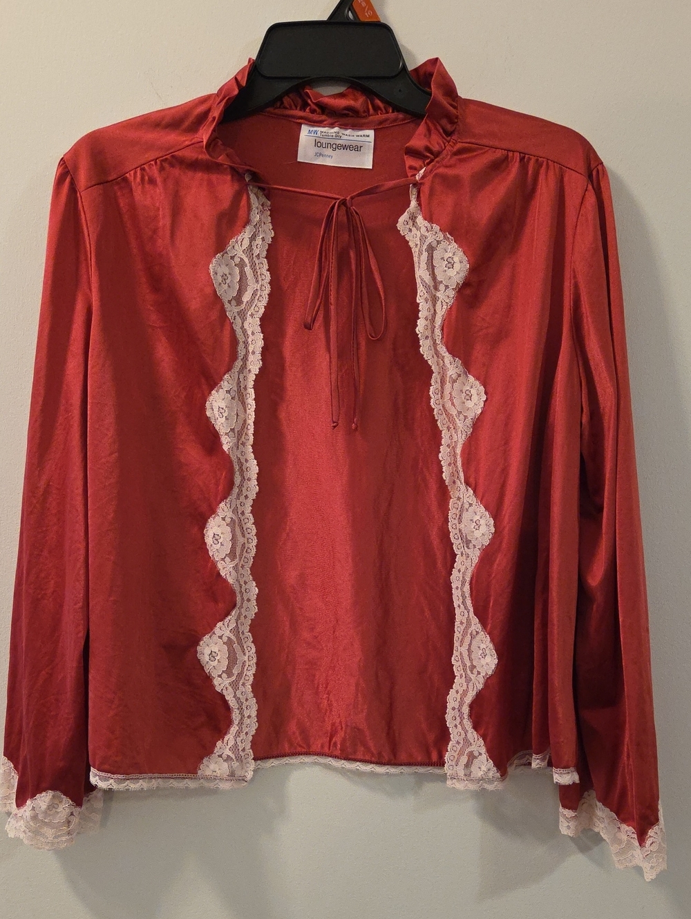 Vintage 70s 80s JCPenney Red Satin Bed Jacket Peignoir Top Lace Trim Tie Front